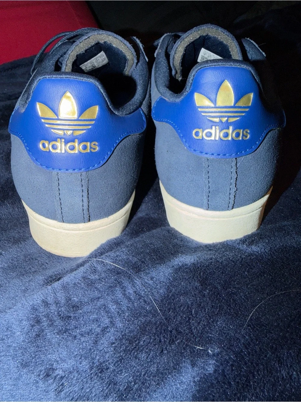 adidas Superstar Navy Blue and White Shell Toe Sneakers with Gold Logo (M7/W8)